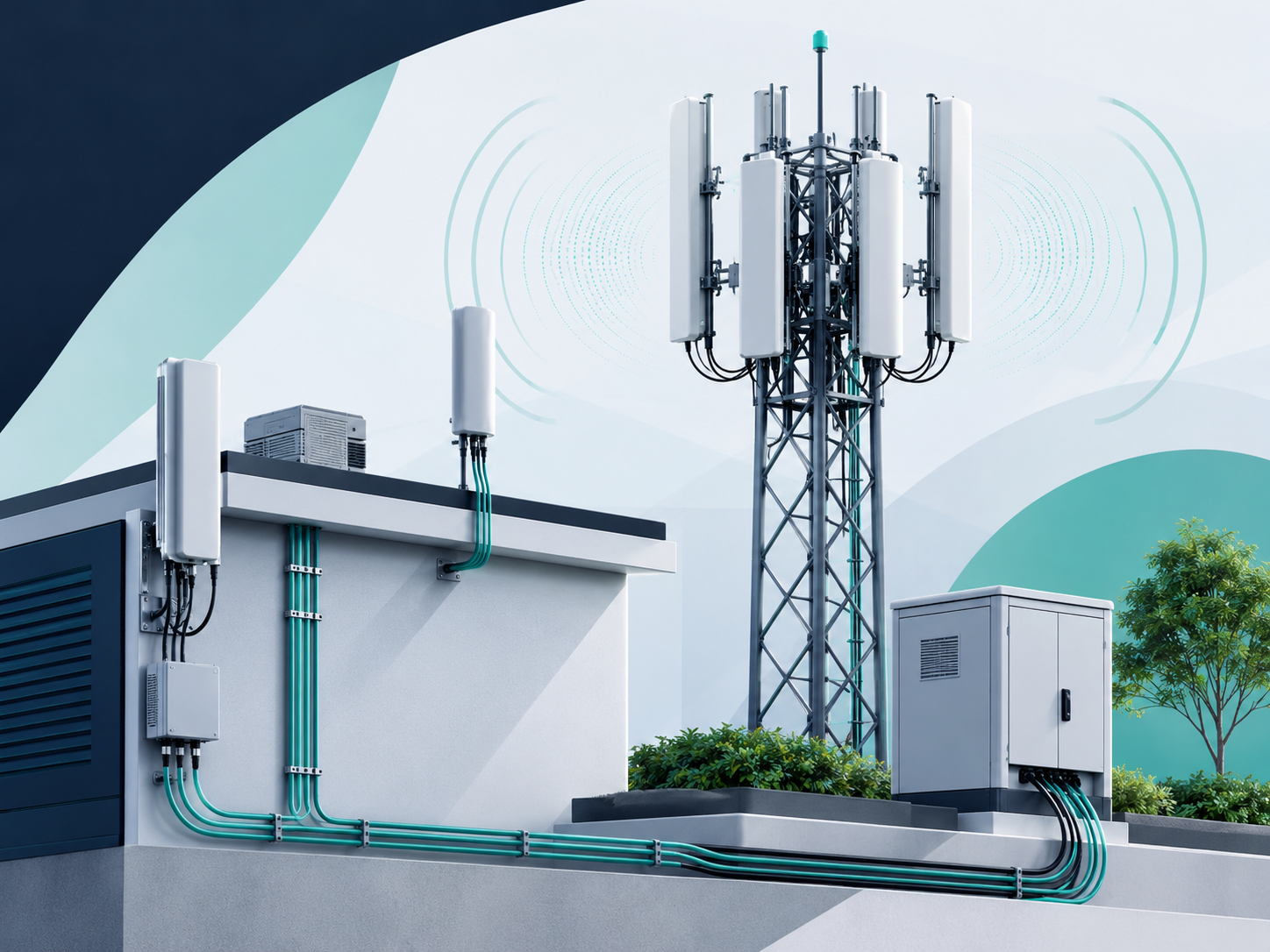 Modern telecom infrastructure rooftop tower, antennas, and cable pathways